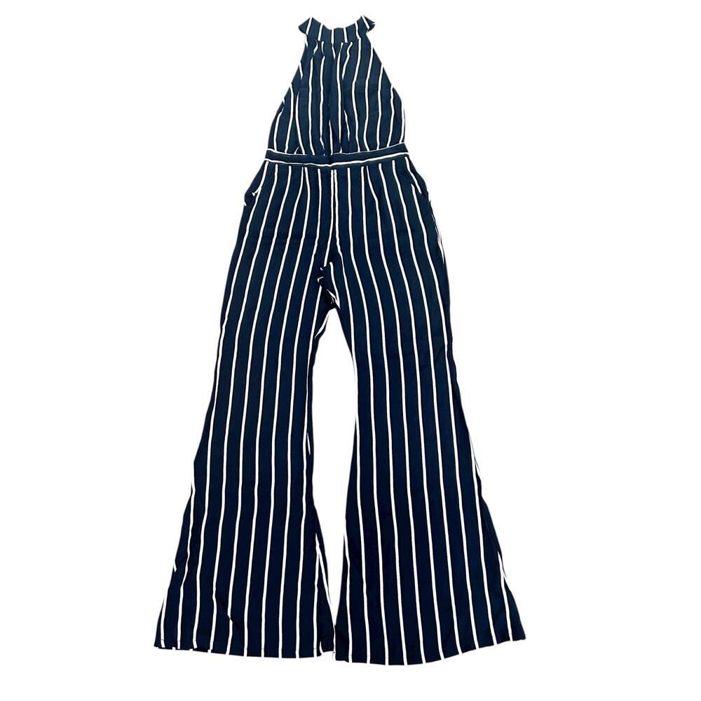 Flynn Skye Black White Striped High Neck Flare Jumpsuit Sz M